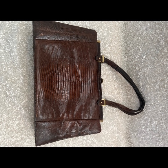 VINTAGE ESCORT BAG GENUINE LIZARD BROWN STRUCTURED FRAME HANDBAG SATCHEL VTG - Picture 11 of 16
